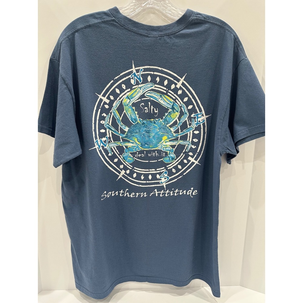 Southern Attitude Salty Blue Crab Compass Graphic T-Shirt Blue Large Womens